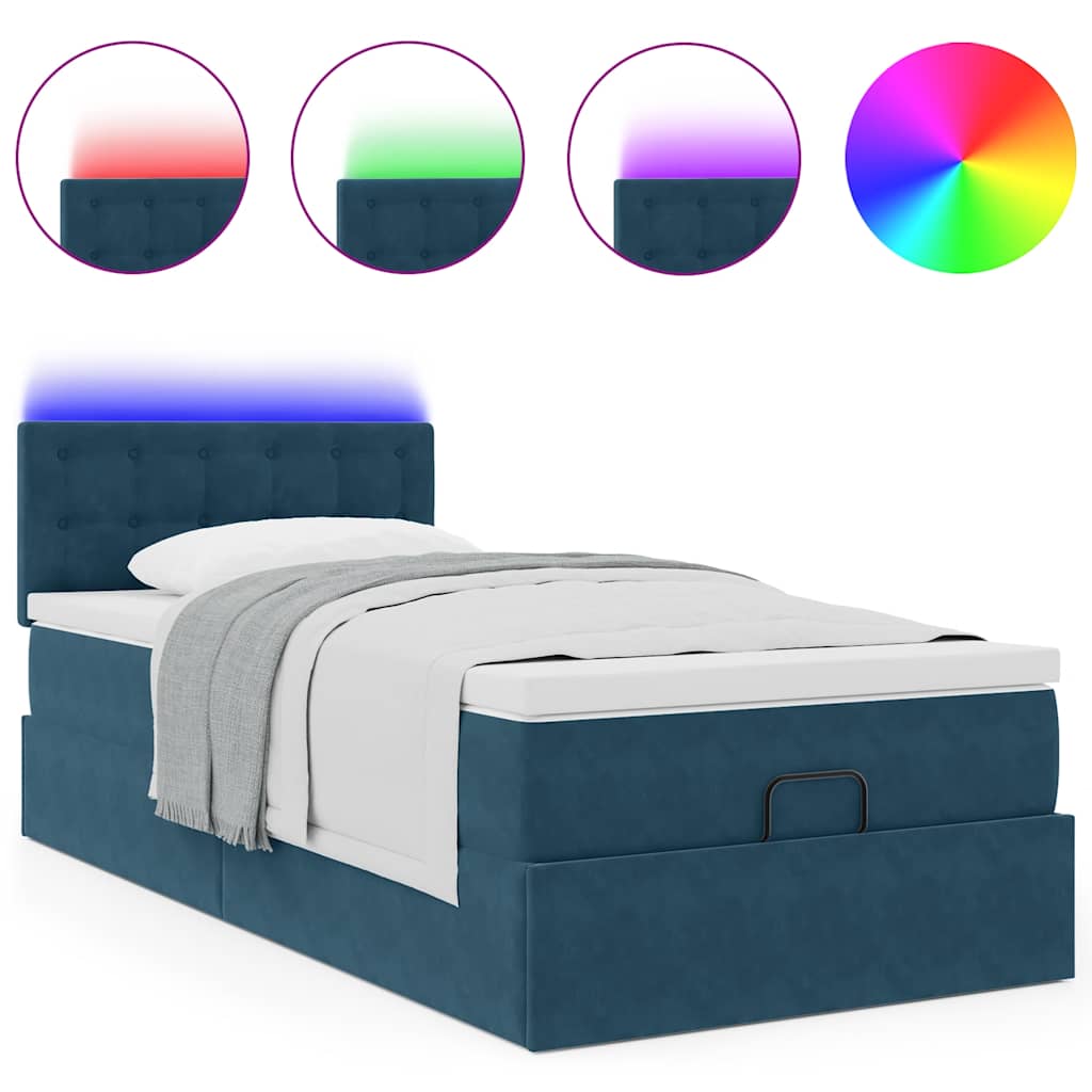 vidaXL Οθωμανικό κρεβάτι με στρώμα & LEDs Σκούρο μπλε 80x200cm Βελούδο