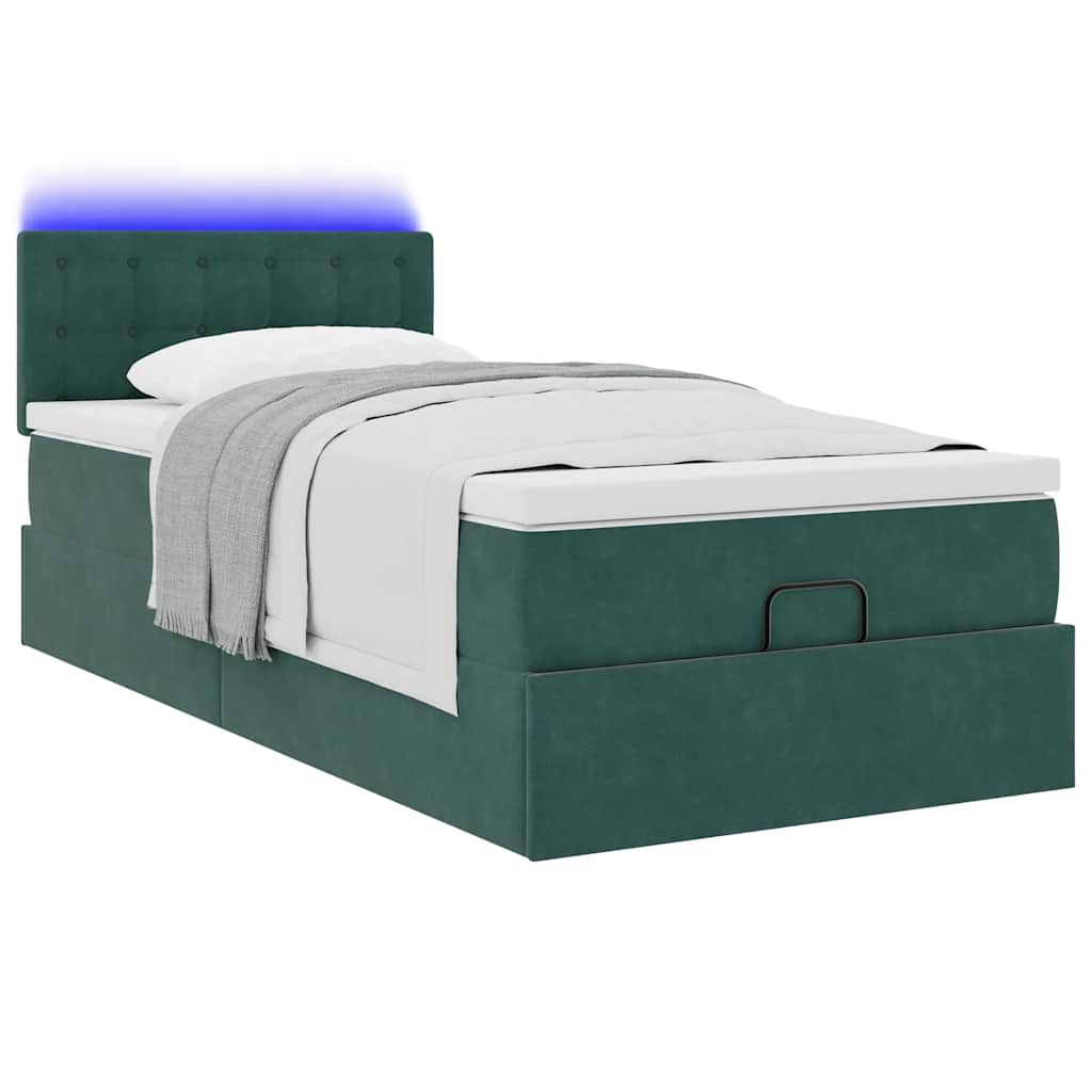 vidaXL Οθωμανικό κρεβάτι με στρώμα & LEDs Dark Green 90x200cm Velvet