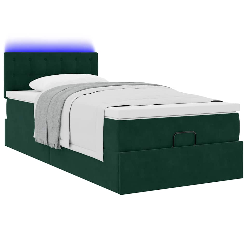 vidaXL Οθωμανικό κρεβάτι με στρώμα & LEDs Dark Green 100x200cm Velvet