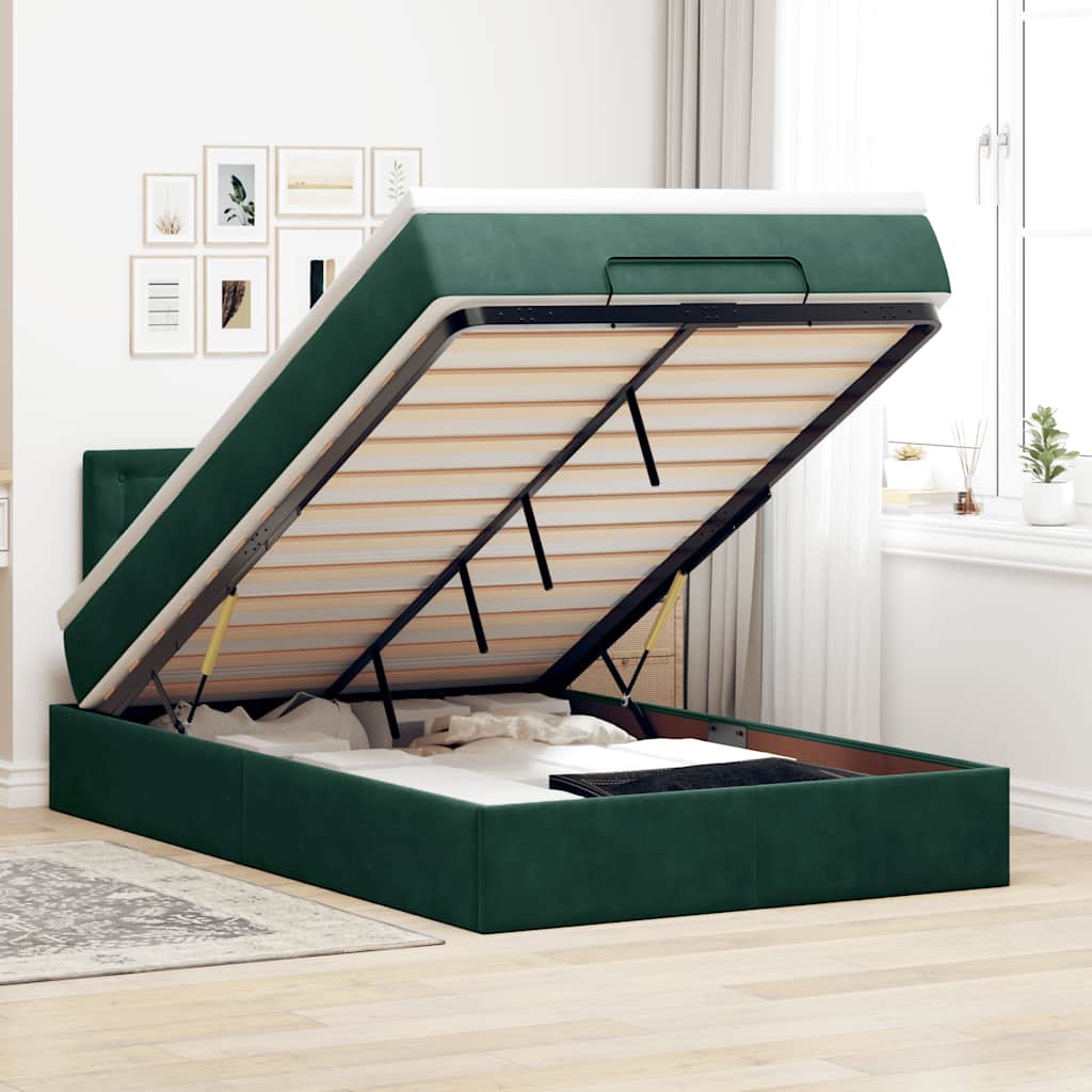 vidaXL Οθωμανικό κρεβάτι με στρώμα & LEDs Dark Green 120x200cm Velvet