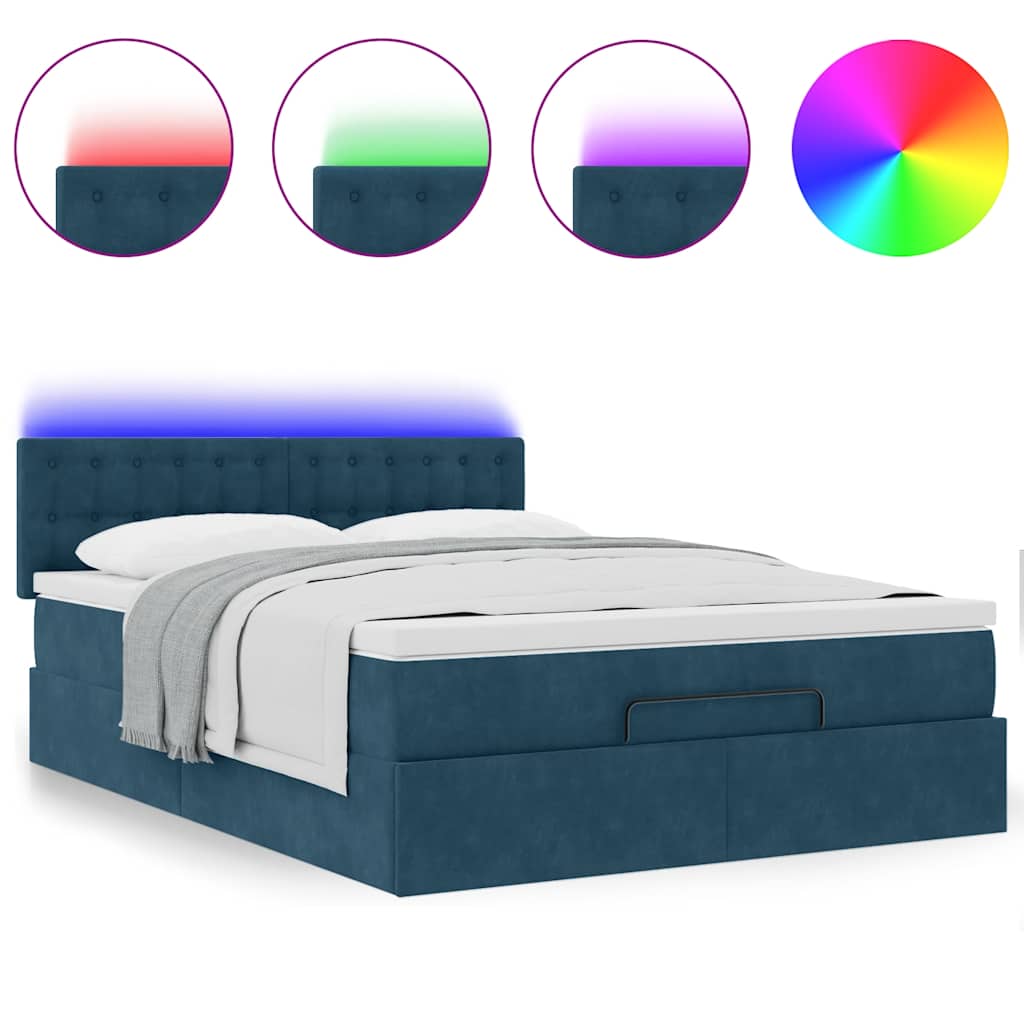 vidaXL Οθωμανικό κρεβάτι με στρώμα & LEDs Σκούρο μπλε 140x190cm Velvet