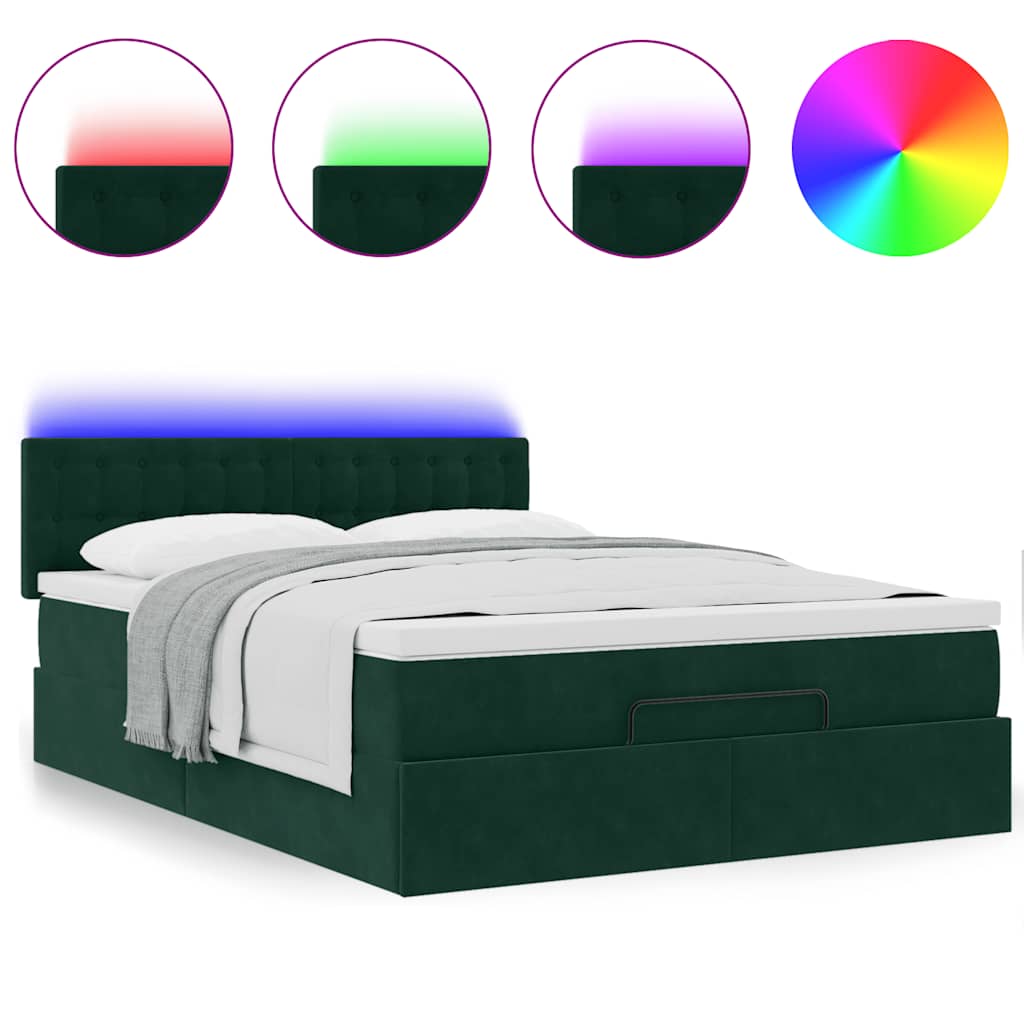 vidaXL Οθωμανικό κρεβάτι με στρώμα & LEDs Σκούρο πράσινο Βελούδο