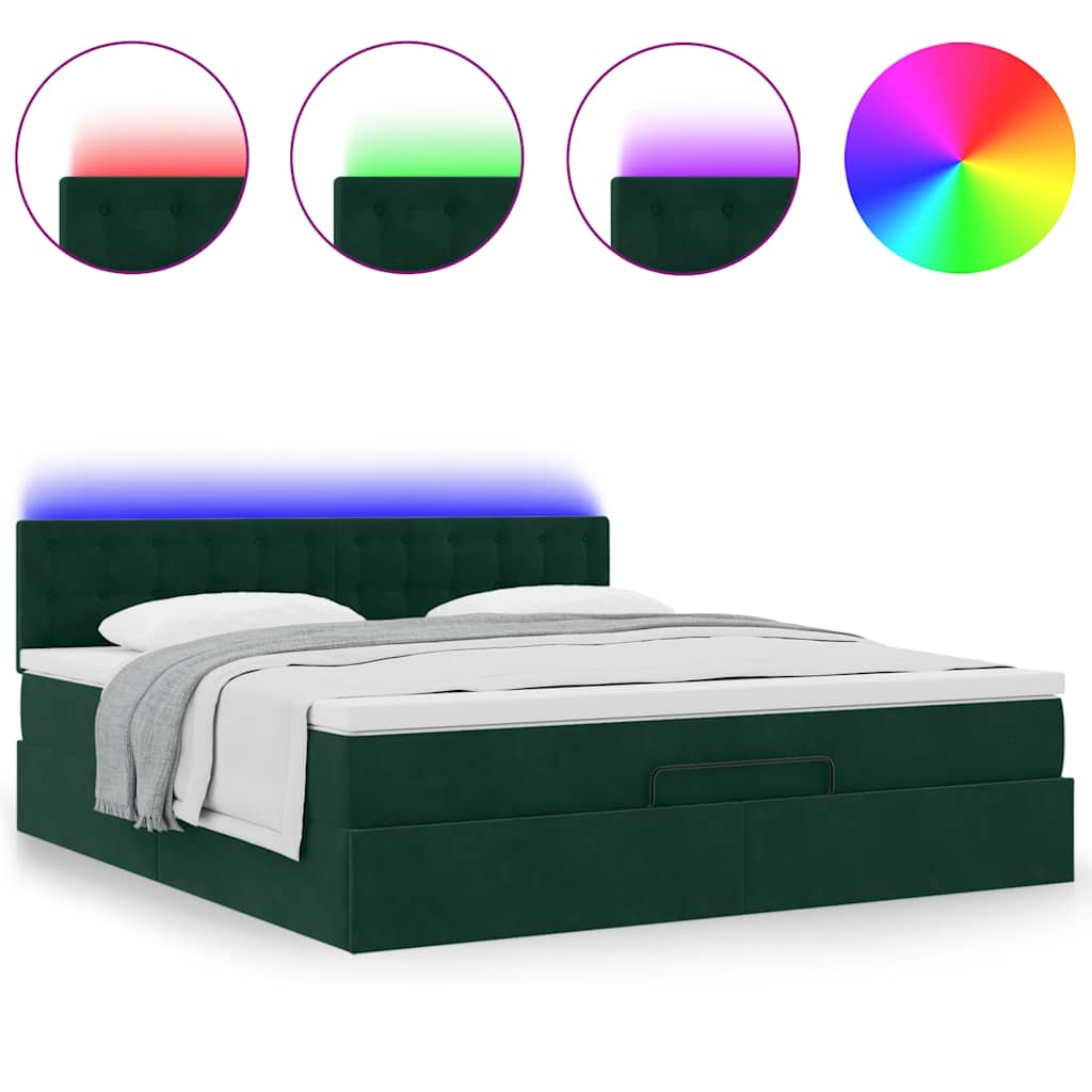 vidaXL Οθωμανικό κρεβάτι με στρώμα & LEDs Dark Green 160x200cm Velvet