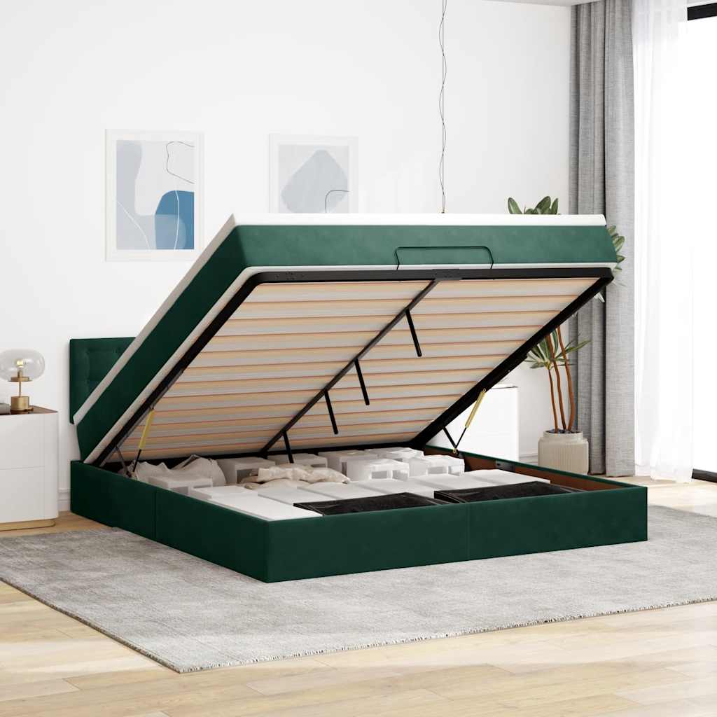 vidaXL Οθωμανικό κρεβάτι με στρώμα & LEDs Dark Green 160x200cm Velvet