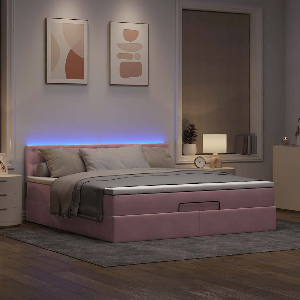 vidaXL Οθωμανικό κρεβάτι με στρώμα & LEDs Ροζ 160x200cm Βελούδο