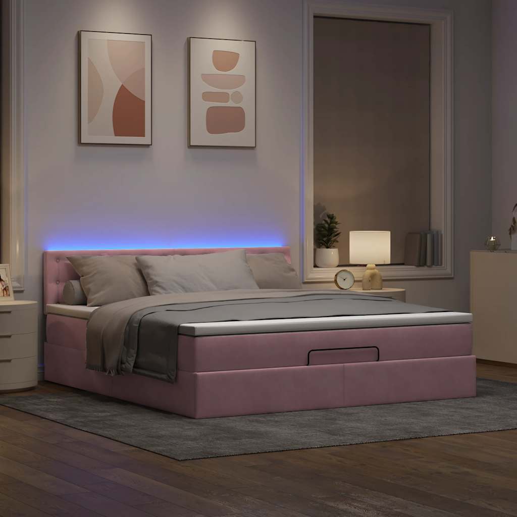 vidaXL Οθωμανικό κρεβάτι με στρώμα & LEDs Ροζ 180x200cm Velvet