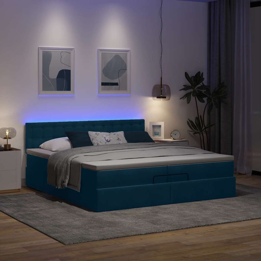 vidaXL Οθωμανικό κρεβάτι με στρώματα & LEDs Σκούρο μπλε Βελούδο