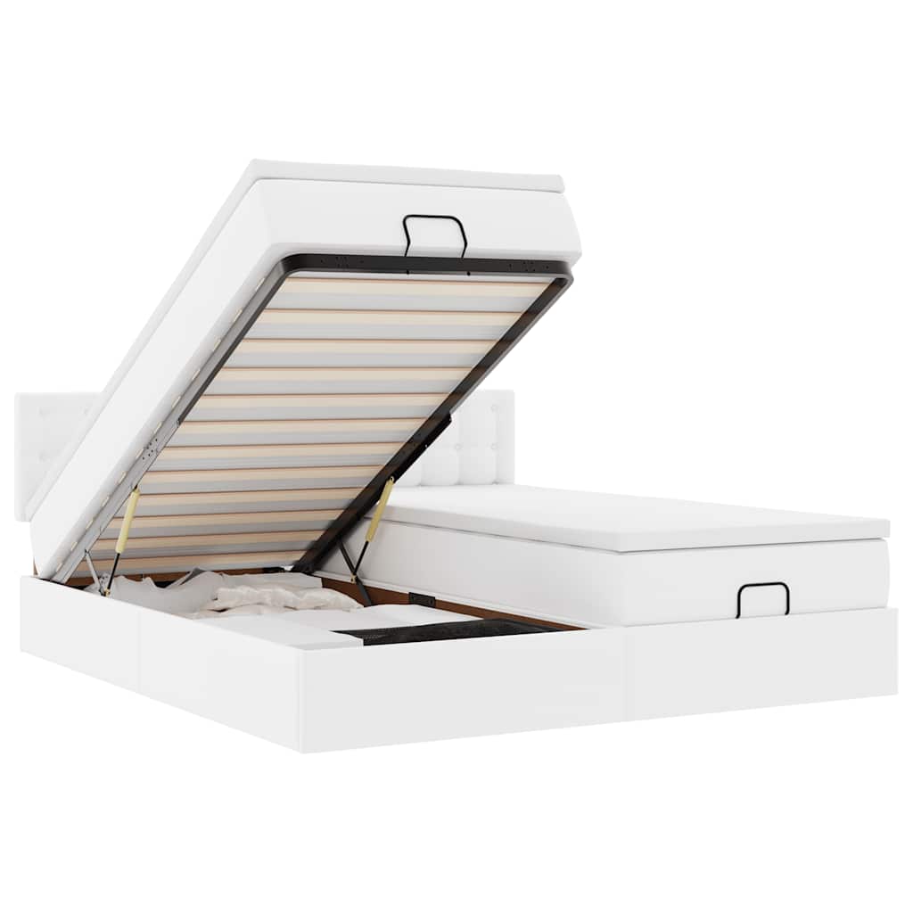 vidaXL Οθωμανικό κρεβάτι με στρώματα&LEDs Λευκό 200x200cm Faux Leather