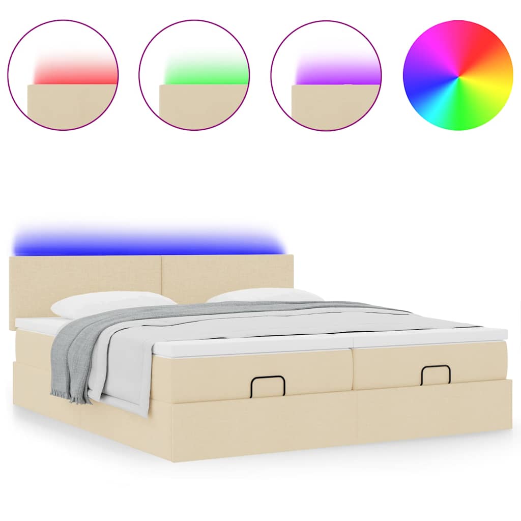 vidaXL Οθωμανικό κρεβάτι με στρώματα & LEDs Κρέμα 180x200cm ύφασμα