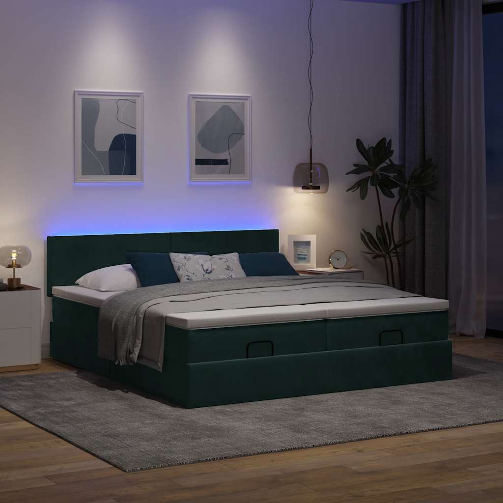 vidaXL Οθωμανικό κρεβάτι με στρώματα & LEDs Σκούρο πράσινο Βελούδο