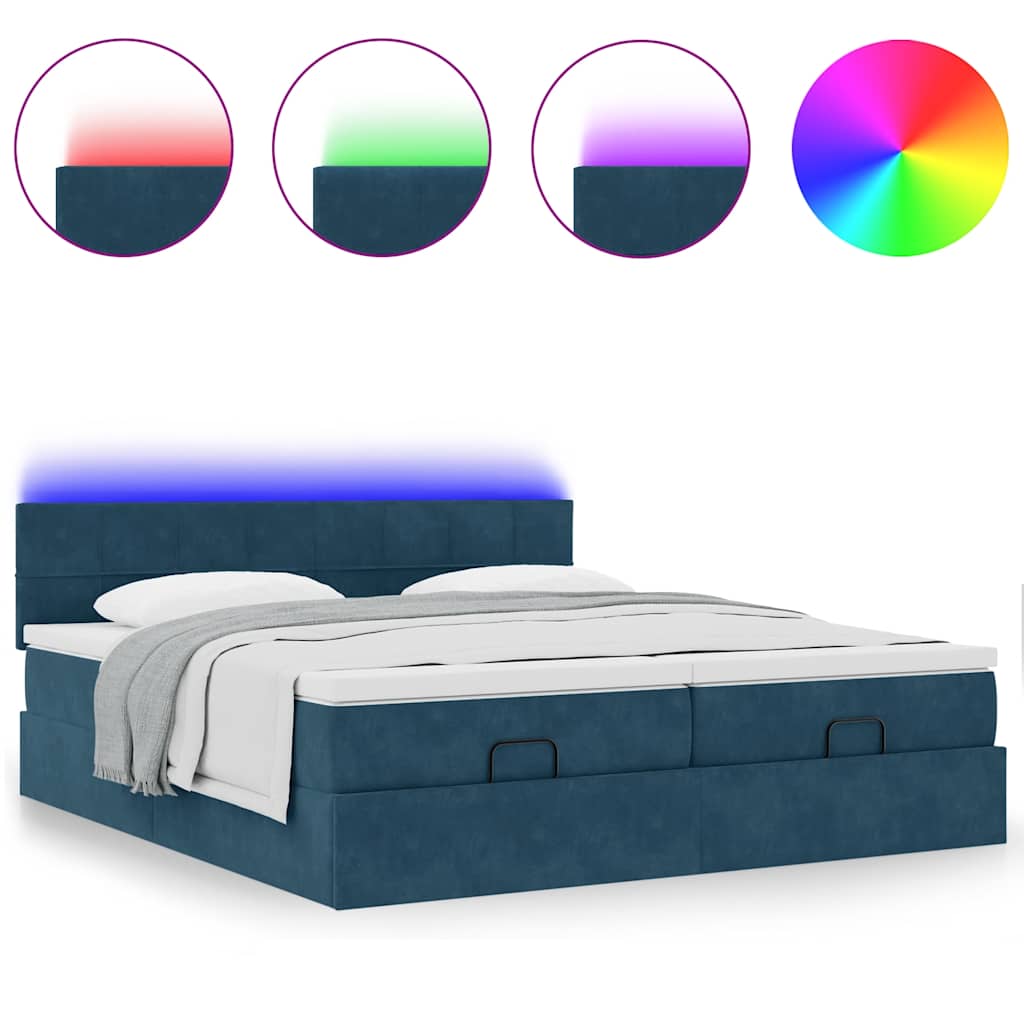 vidaXL Οθωμανικό κρεβάτι με στρώματα & LEDs Σκούρο μπλε Βελούδο