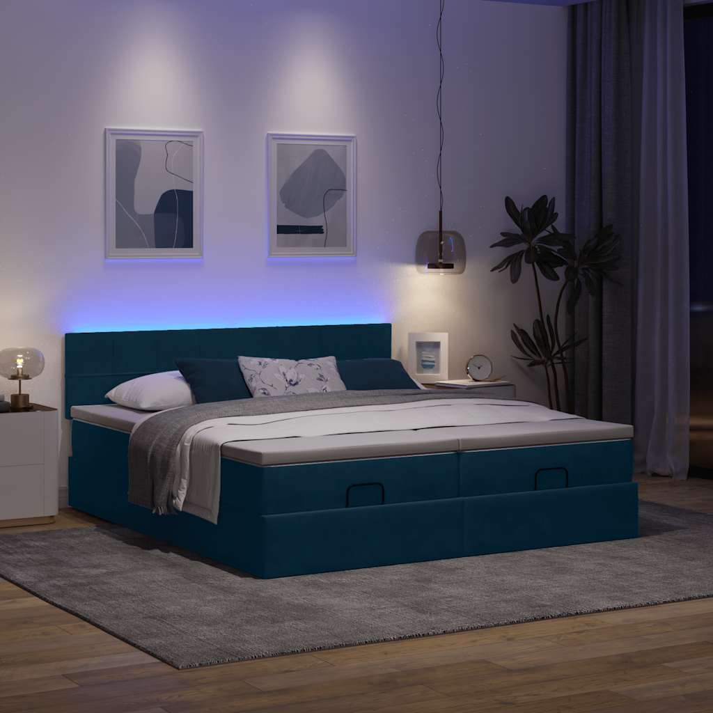 vidaXL Οθωμανικό κρεβάτι με στρώματα & LEDs Σκούρο μπλε Βελούδο