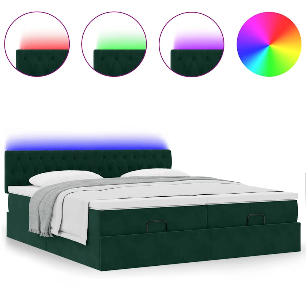 vidaXL Οθωμανικό κρεβάτι με στρώματα & LEDs Σκούρο πράσινο Βελούδο