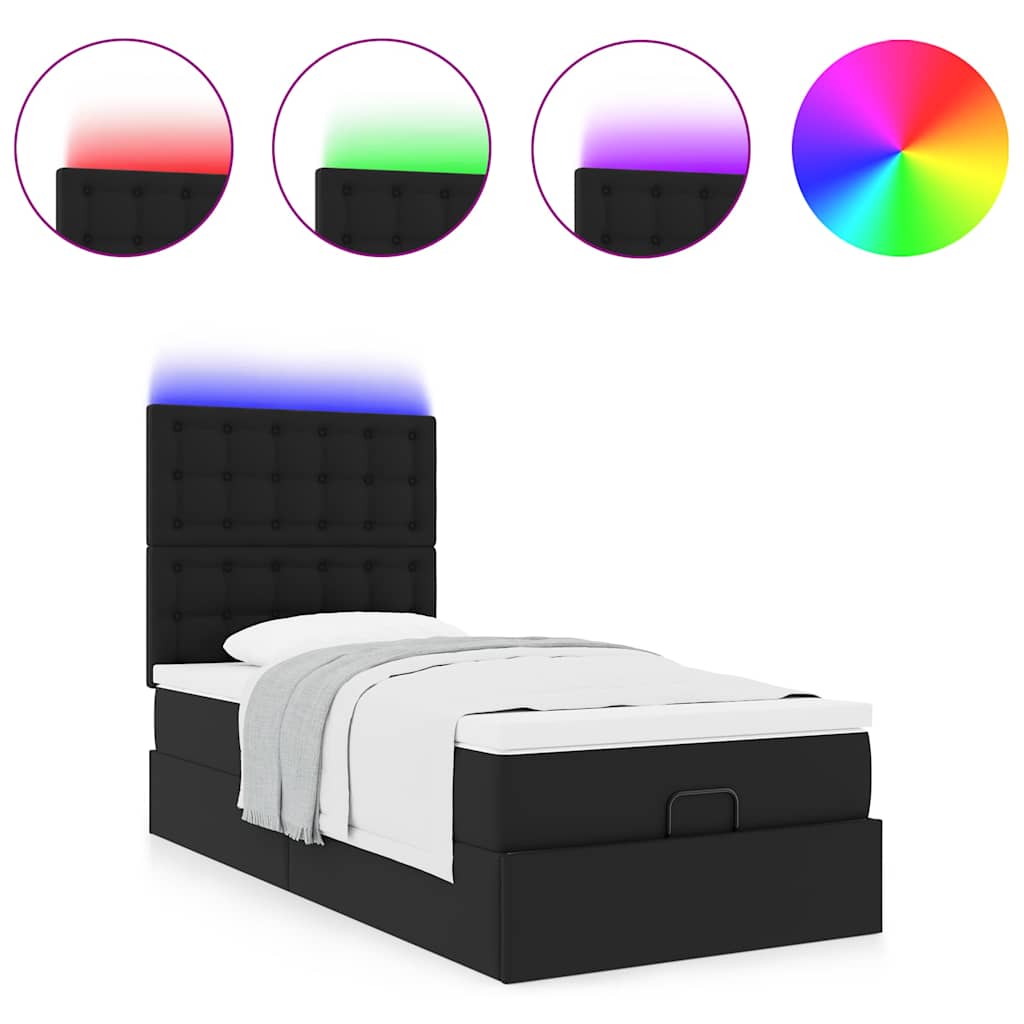 vidaXL Οθωμανικό κρεβάτι με στρώμα & LEDs Μαύρο 90x200cm Faux Leather