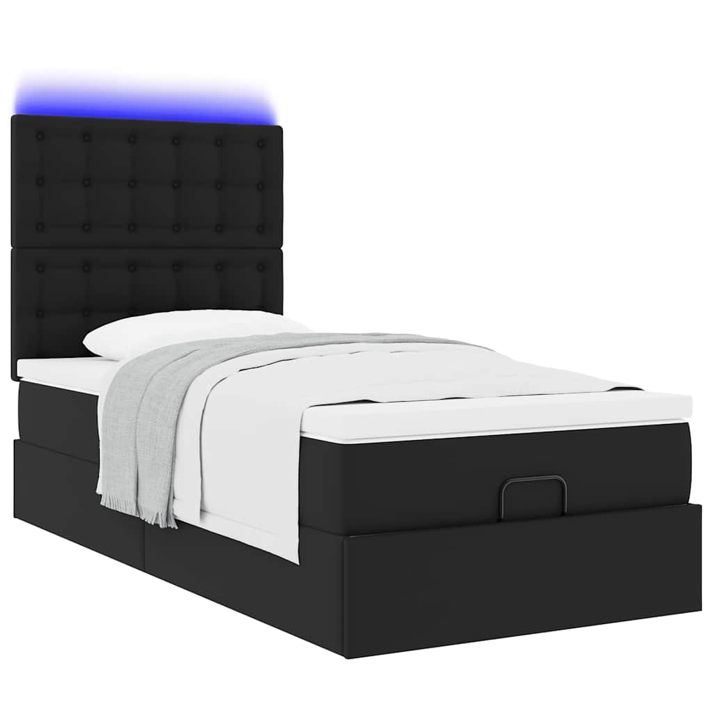 vidaXL Οθωμανικό κρεβάτι με στρώμα & LEDs Μαύρο 90x200cm Faux Leather