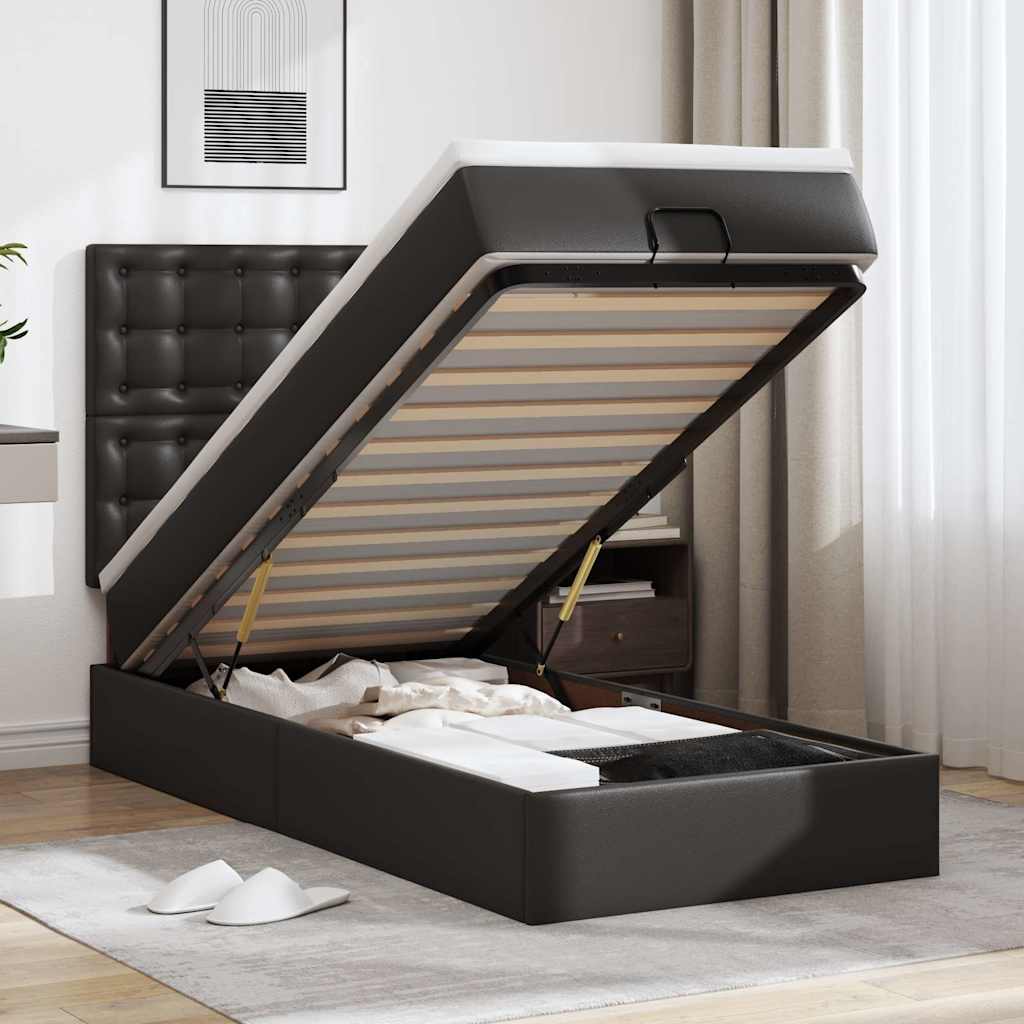 vidaXL Οθωμανικό κρεβάτι με στρώμα & LEDs Μαύρο 90x200cm Faux Leather