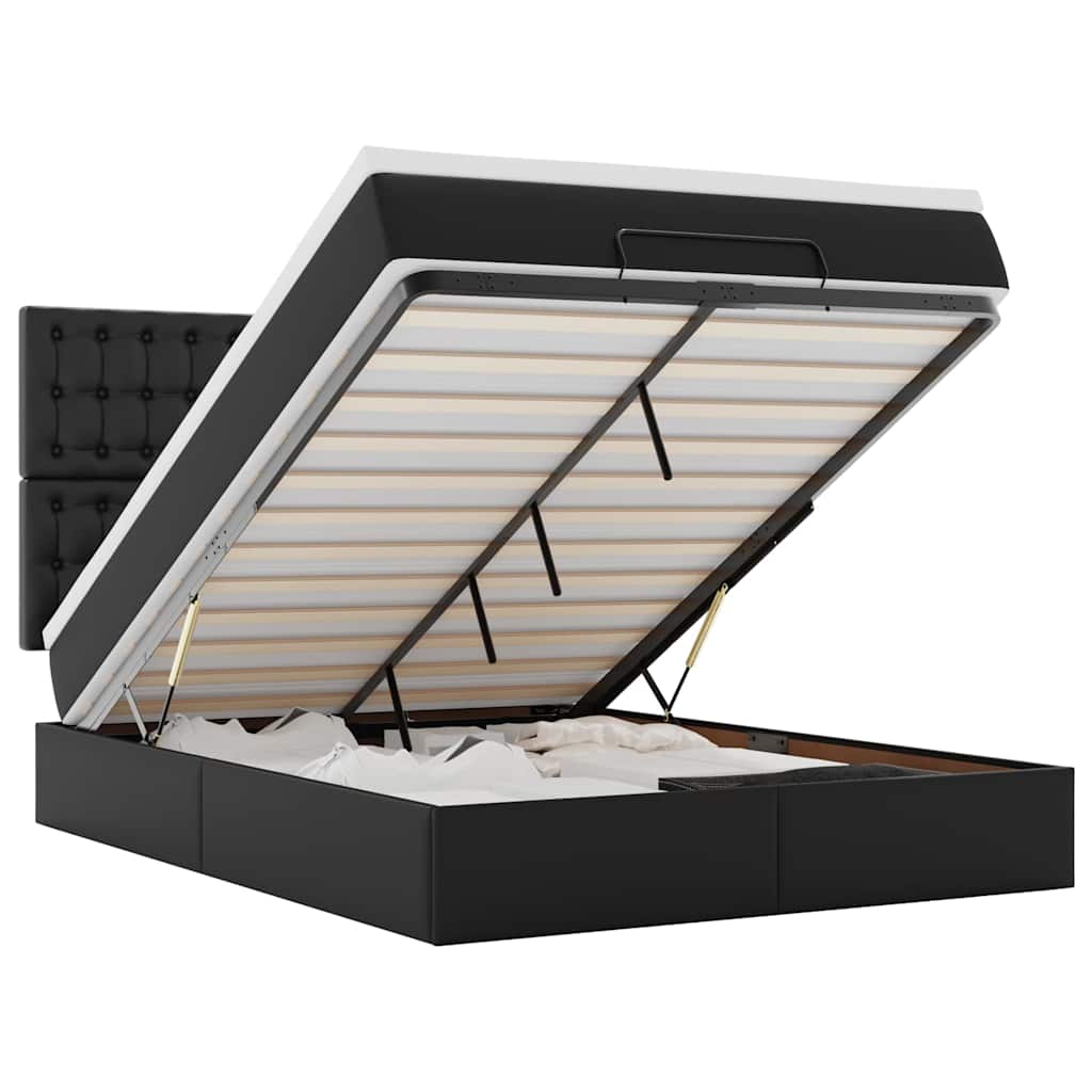 vidaXL Οθωμανικό κρεβάτι με στρώμα & LEDs Μαύρο 140x200cm Faux Leather