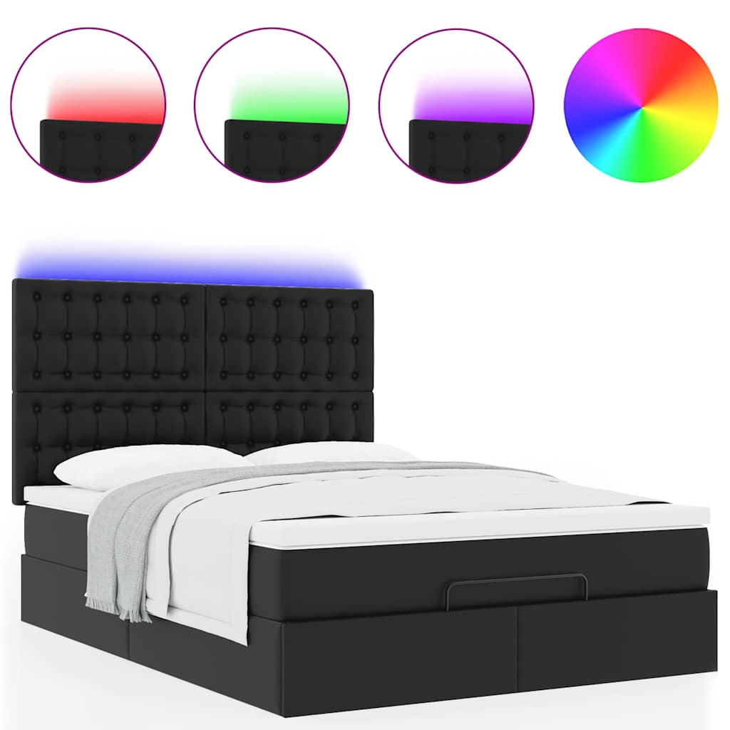 vidaXL Οθωμανικό κρεβάτι με στρώμα & LEDs Μαύρο 140x200cm Faux Leather
