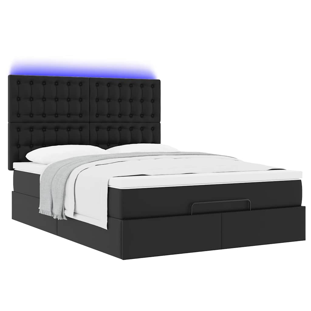 vidaXL Οθωμανικό κρεβάτι με στρώμα & LEDs Μαύρο 140x200cm Faux Leather