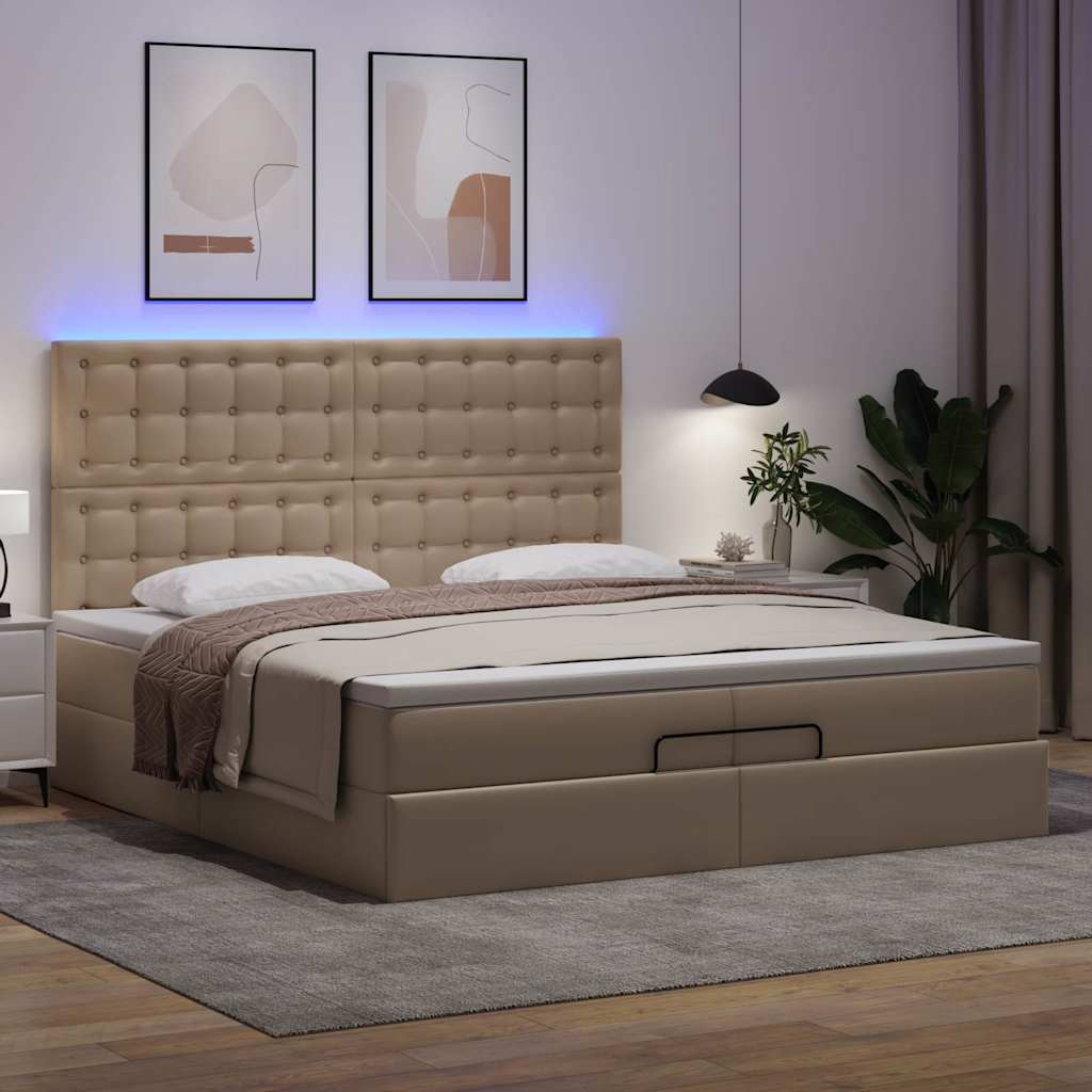 vidaXL Οθωμανικό κρεβάτι με στρώματα & LEDs Cappucino Faux Leather