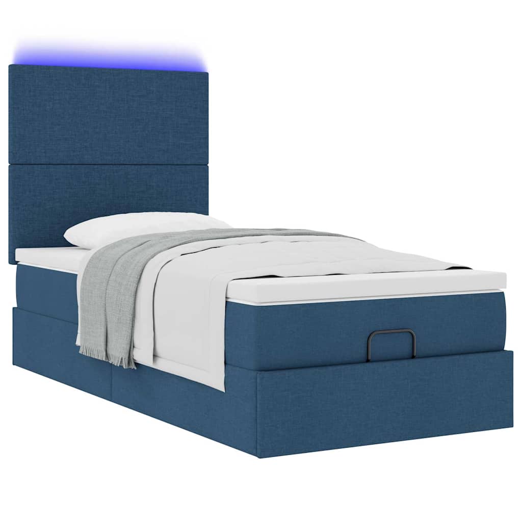 vidaXL Οθωμανικό κρεβάτι με στρώμα & LEDs Μπλε 90x190cm ύφασμα