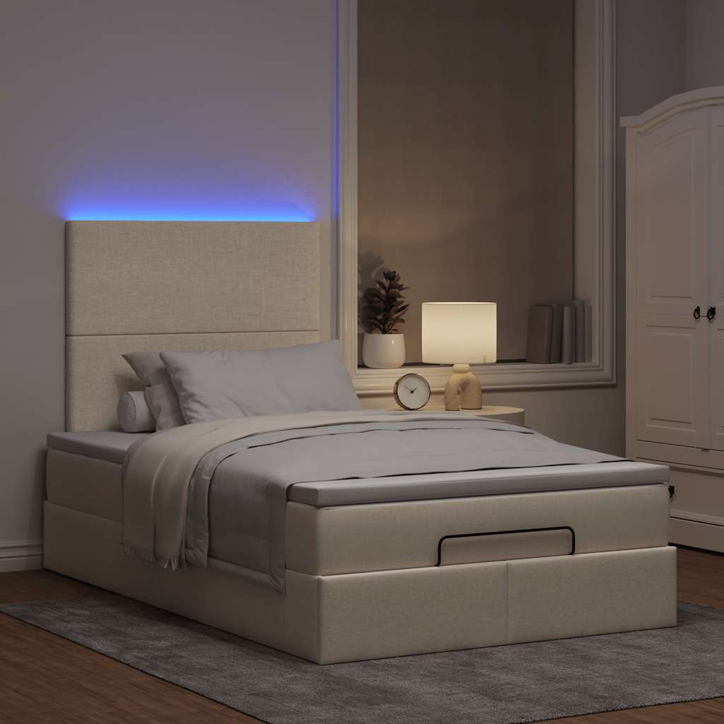 vidaXL Οθωμανικό κρεβάτι με στρώμα & LEDs Cream 120x200cm ύφασμα