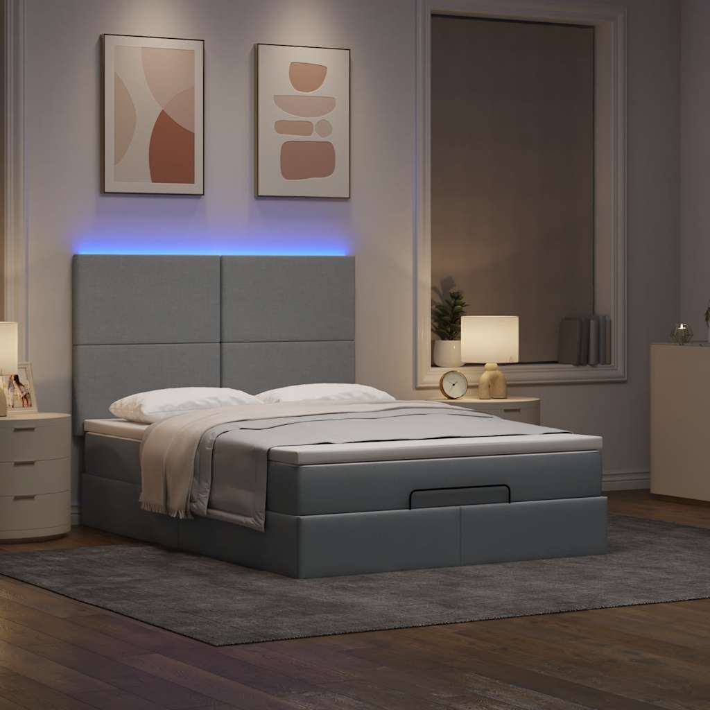vidaXL Οθωμανικό κρεβάτι με στρώμα & LEDs Ανοιχτό γκρι ύφασμα