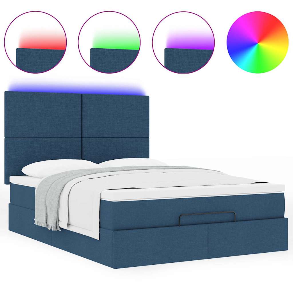 vidaXL Οθωμανικό κρεβάτι με στρώμα & LEDs Μπλε 140x200cm ύφασμα