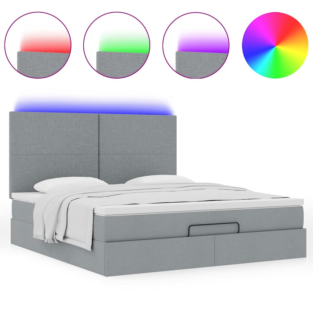 vidaXL Οθωμανικό κρεβάτι με στρώμα&LEDs Ανοιχτό γκρι 180x200cm ύφασμα