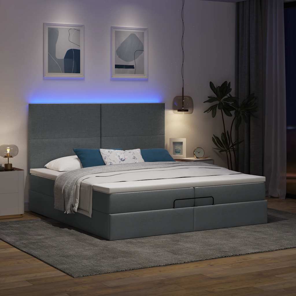 vidaXL Οθωμανικό κρεβάτι με στρώματα&LEDs Σκούρο γκρι 200x200cm ύφασμα