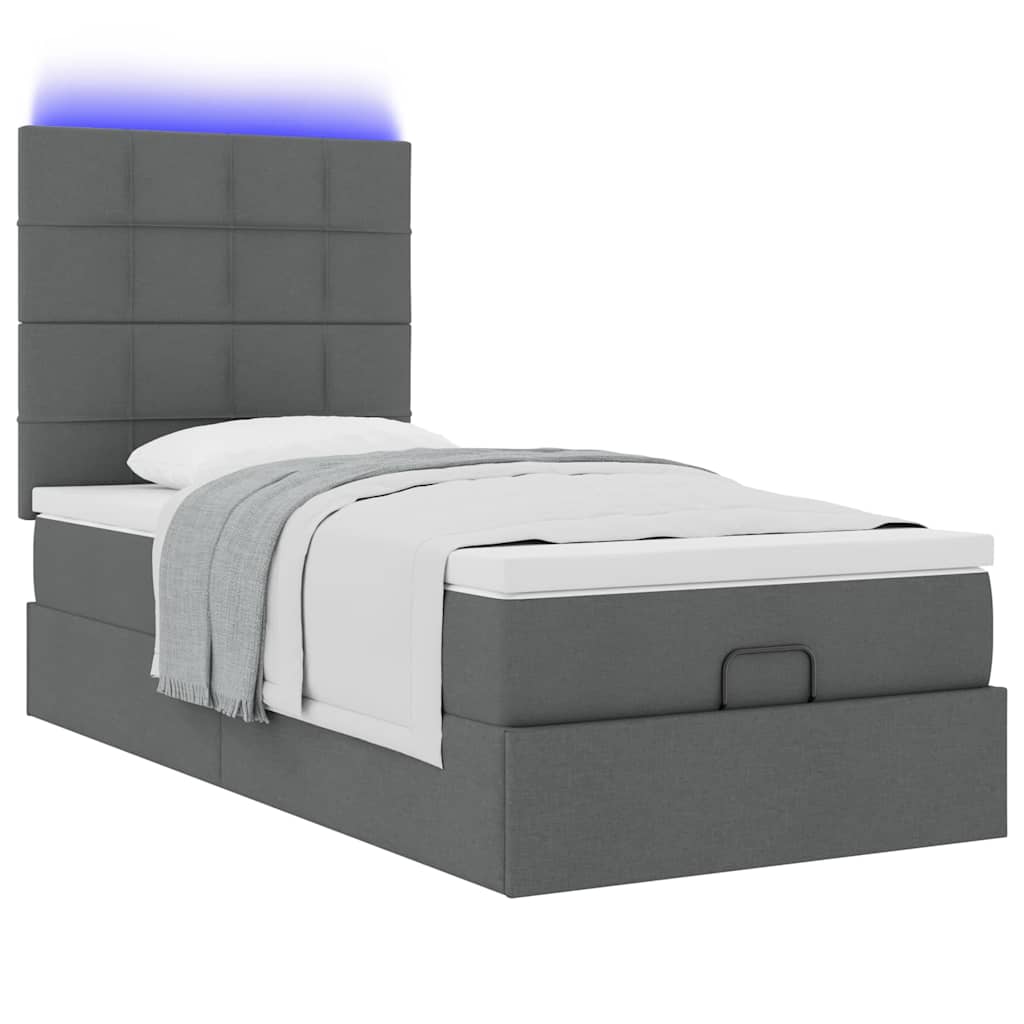 vidaXL Οθωμανικό κρεβάτι με στρώμα & LEDs Σκούρο γκρι 90x200 cm Ύφασμα