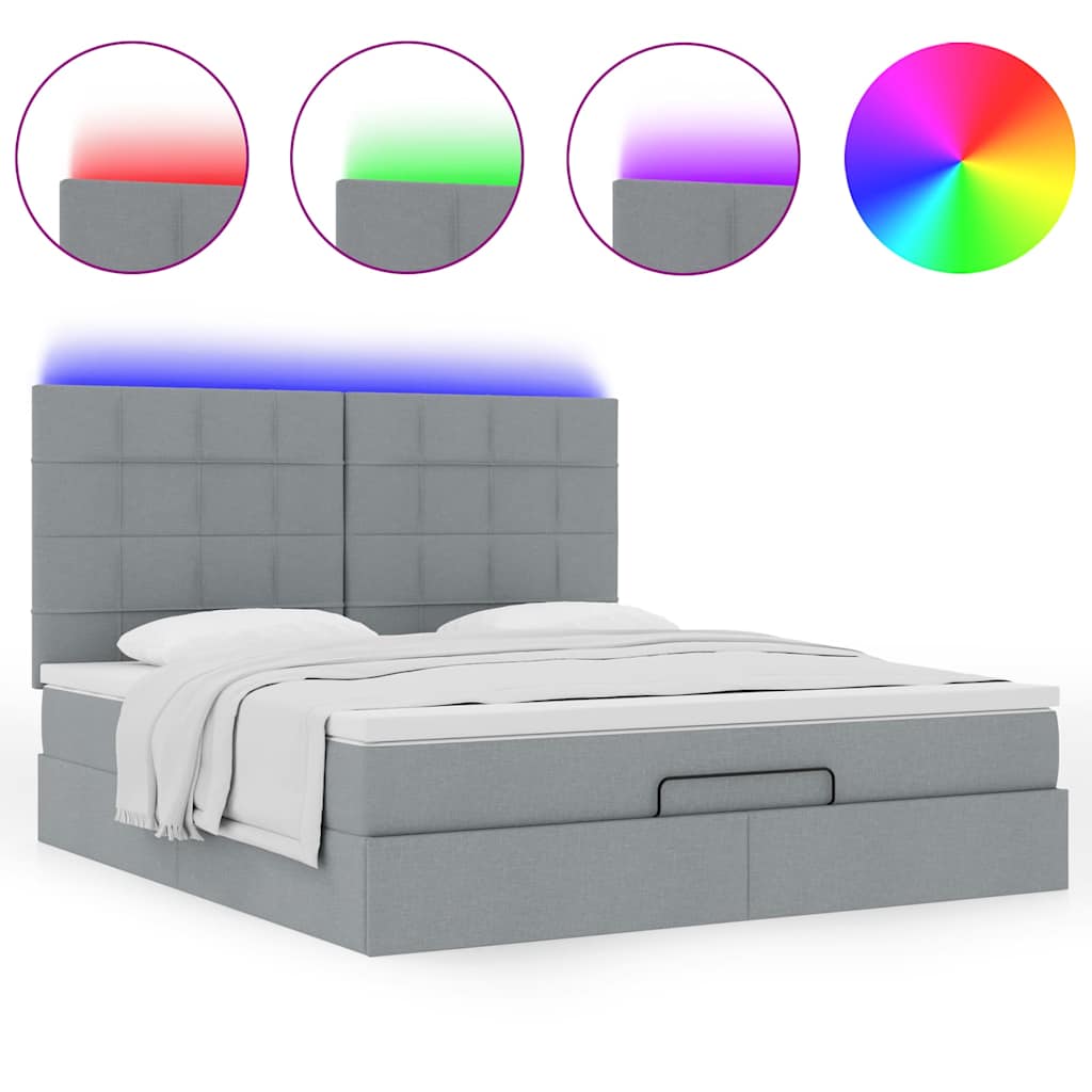 vidaXL Οθωμανικό κρεβάτι με στρώμα&LEDs Ανοιχτό γκρι 180x200cm ύφασμα