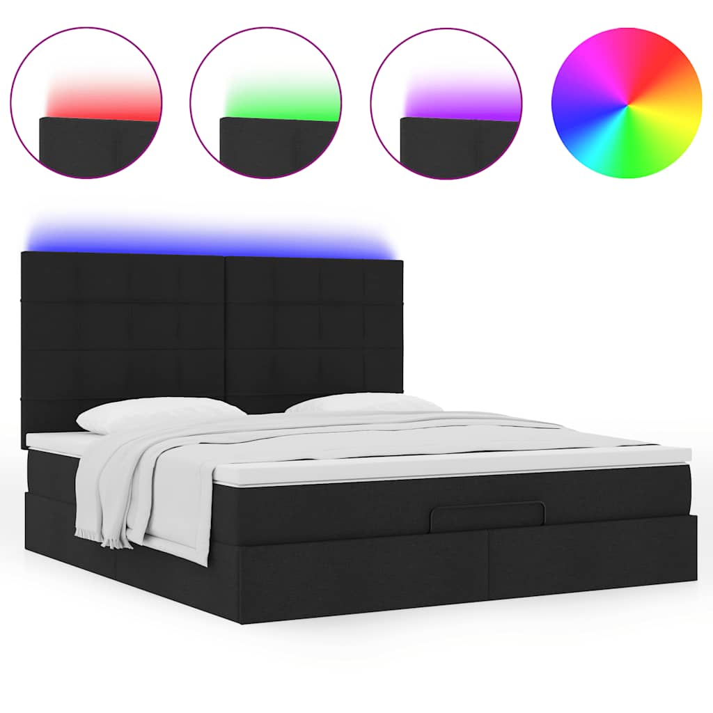 vidaXL Οθωμανικό κρεβάτι με στρώμα & LEDs Μαύρο ύφασμα 180x200cm