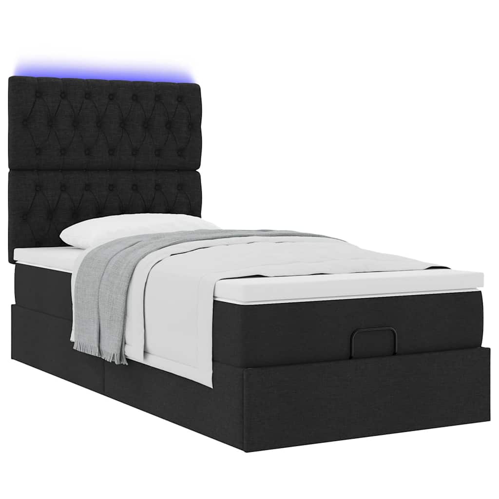 vidaXL Οθωμανικό κρεβάτι με στρώμα & LEDs Μαύρο ύφασμα 90x190cm