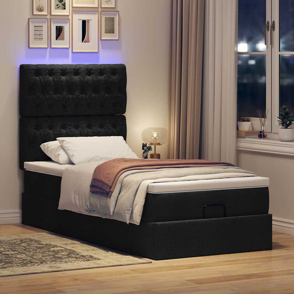 vidaXL Οθωμανικό κρεβάτι με στρώμα & LEDs Μαύρο 90x200 cm Ύφασμα
