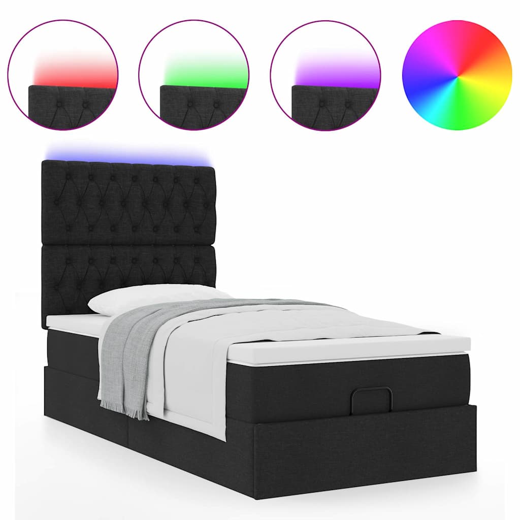 vidaXL Οθωμανικό κρεβάτι με στρώμα & LEDs Μαύρο 90x200 cm Ύφασμα
