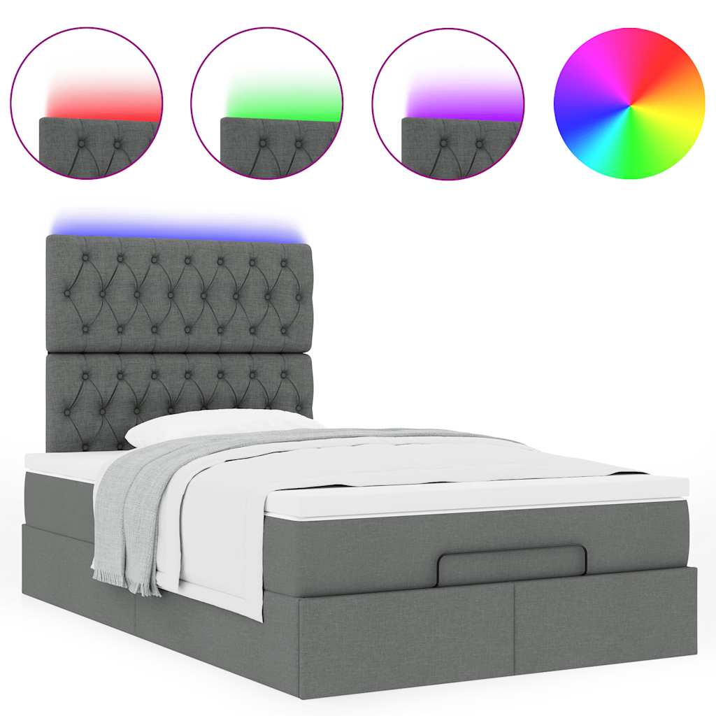 vidaXL Οθωμανικό κρεβάτι με στρώμα & LEDs Σκούρο γκρι 120x200cm Ύφασμα