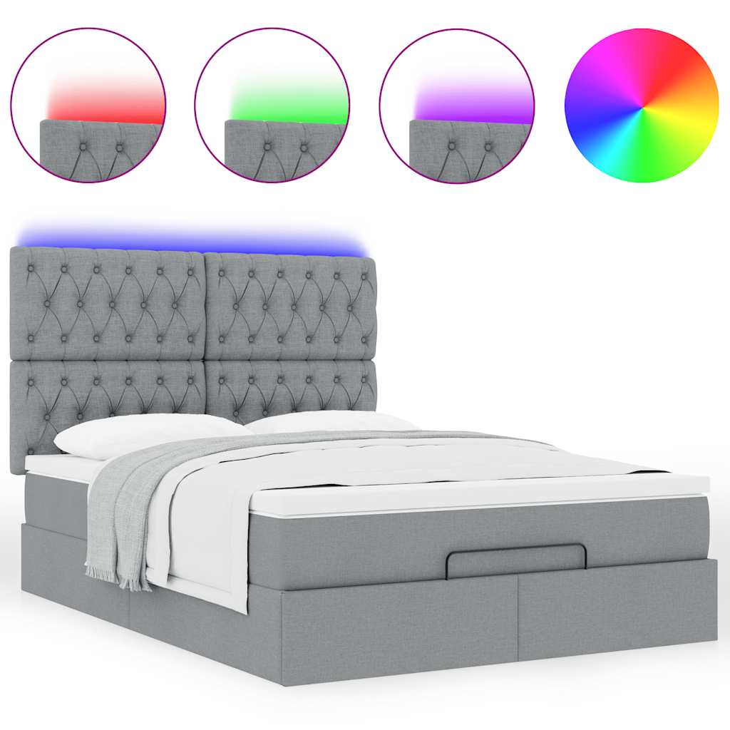vidaXL Οθωμανικό κρεβάτι με στρώμα&LEDs Ανοιχτό γκρι 140x190cm Ύφασμα