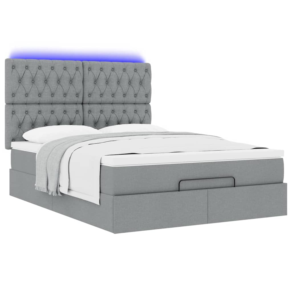 vidaXL Οθωμανικό κρεβάτι με στρώμα&LEDs Ανοιχτό γκρι 140x190cm Ύφασμα
