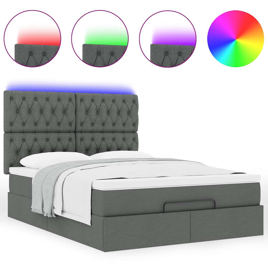vidaXL Οθωμανικό κρεβάτι με στρώμα & LEDs Σκούρο γκρι 140x190cm Ύφασμα