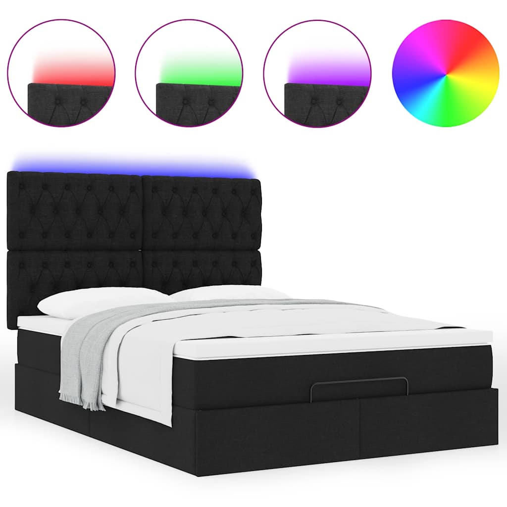vidaXL Οθωμανικό κρεβάτι με στρώμα & LEDs Μαύρο 140x190 cm Ύφασμα
