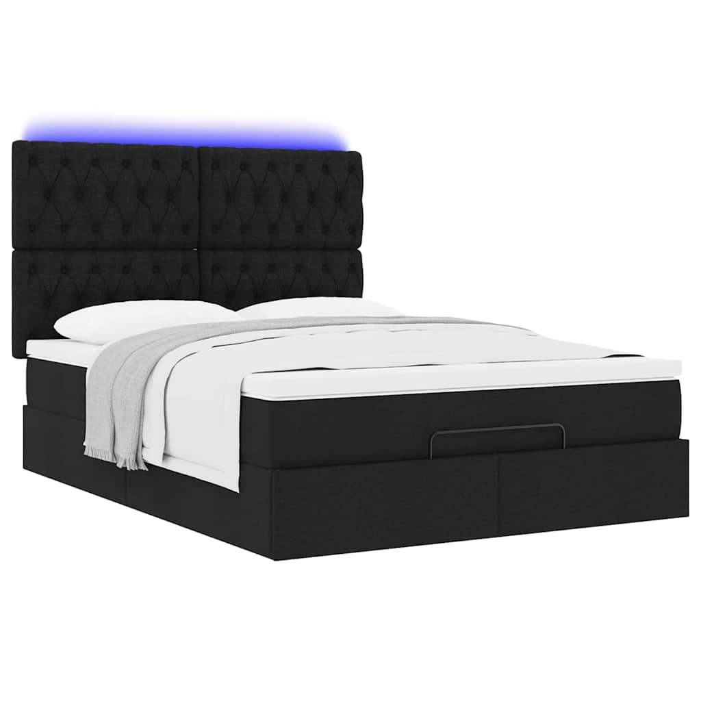 vidaXL Οθωμανικό κρεβάτι με στρώμα & LEDs Μαύρο 140x190 cm Ύφασμα