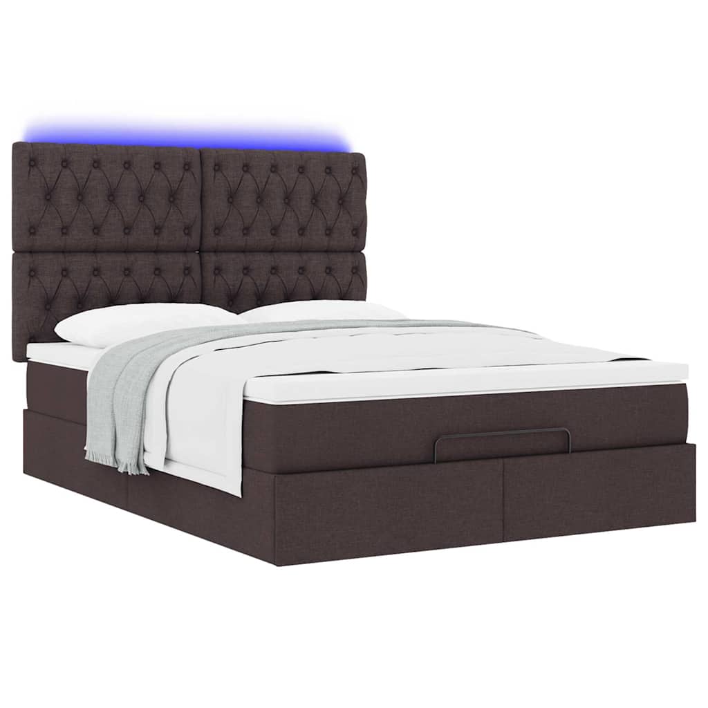 vidaXL Οθωμανικό κρεβάτι με στρώμα & LEDs Σκούρο καφέ 140x200cm ύφασμα
