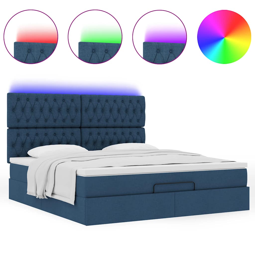 vidaXL Οθωμανικό κρεβάτι με στρώμα & LEDs Μπλε 160x200cm ύφασμα