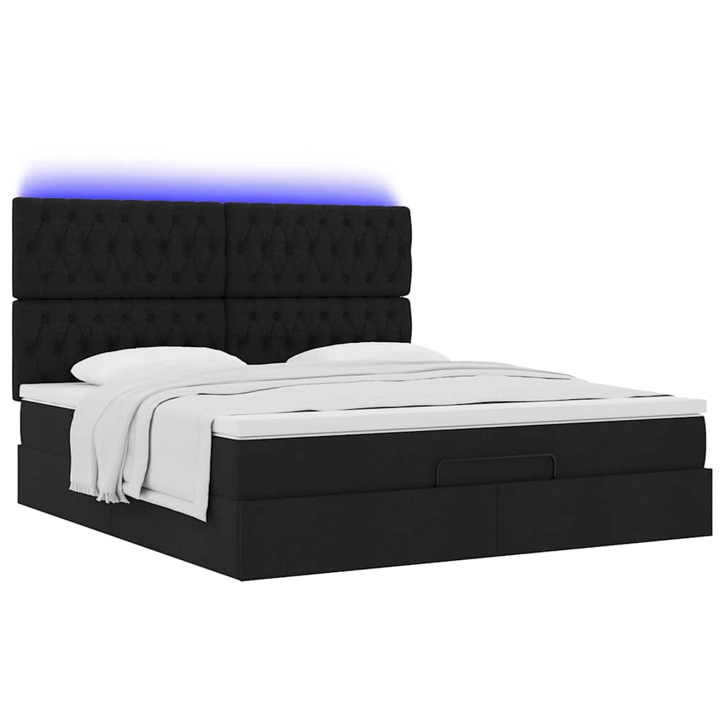 vidaXL Οθωμανικό κρεβάτι με στρώμα & LEDs Μαύρο ύφασμα 180x200cm