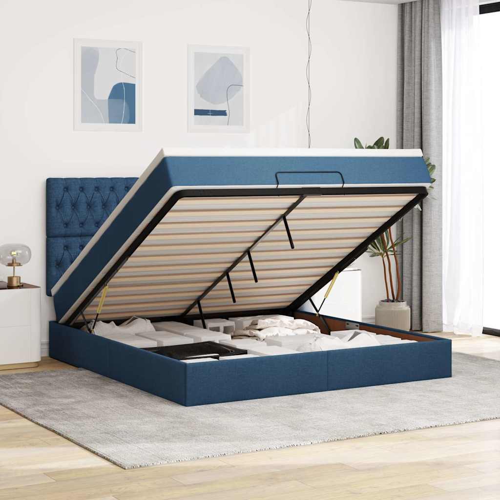 vidaXL Οθωμανικό κρεβάτι με στρώμα & LEDs Μπλε 180x200cm ύφασμα