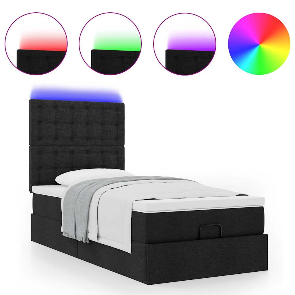vidaXL Οθωμανικό κρεβάτι με στρώμα & LEDs Μαύρο ύφασμα 90x190cm
