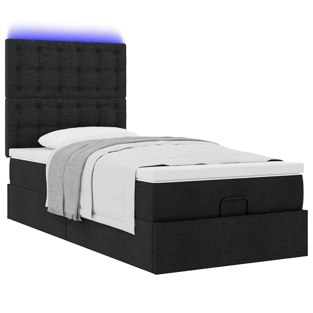 vidaXL Οθωμανικό κρεβάτι με στρώμα & LEDs Μαύρο ύφασμα 90x190cm