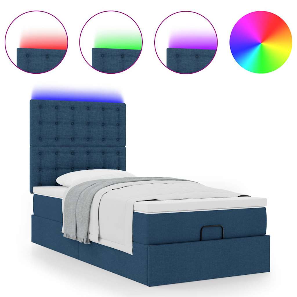vidaXL Οθωμανικό κρεβάτι με στρώμα & LEDs Μπλε 90x190cm ύφασμα