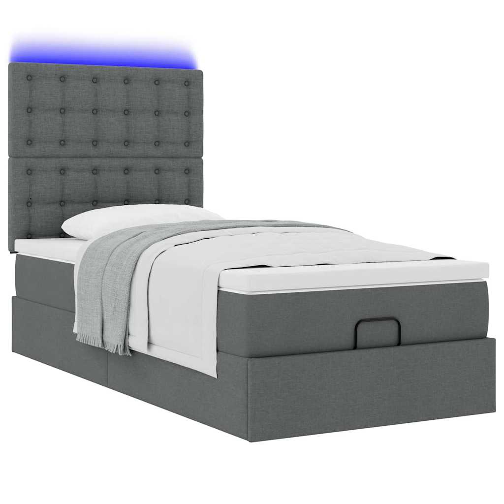 vidaXL Οθωμανικό κρεβάτι με στρώμα & LEDs Σκούρο γκρι 90x200 cm Ύφασμα